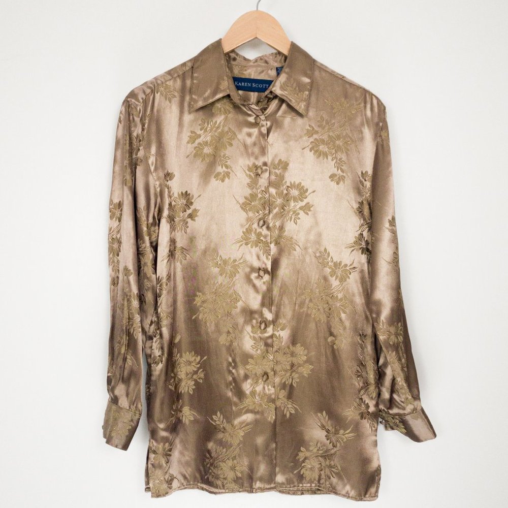 Karen Scott Gold Satin Embossed Floral Button Up S